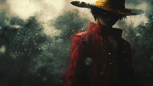 Storm-soaked wanderer in a red coat stands brave in rain