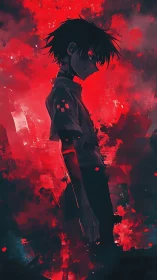 Side-profile anime figure in red and black abstract field.