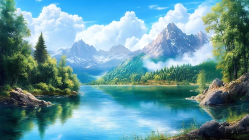 Digital painting landscape with alpine lake and cloud massing.