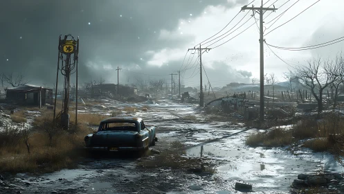 Post apocalyptic rural roadway with derelict car and powerlines