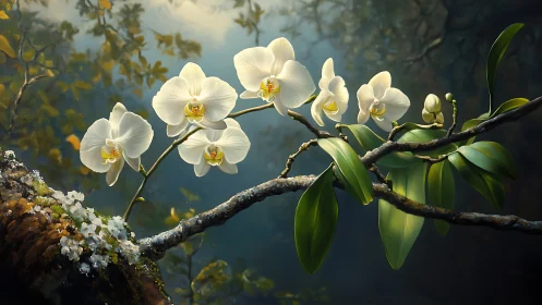 White phalaenopsis orchids rendered in atmospheric photorealism