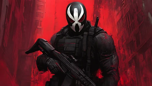 Masked tactical figure with rifle in red urban alleyway.