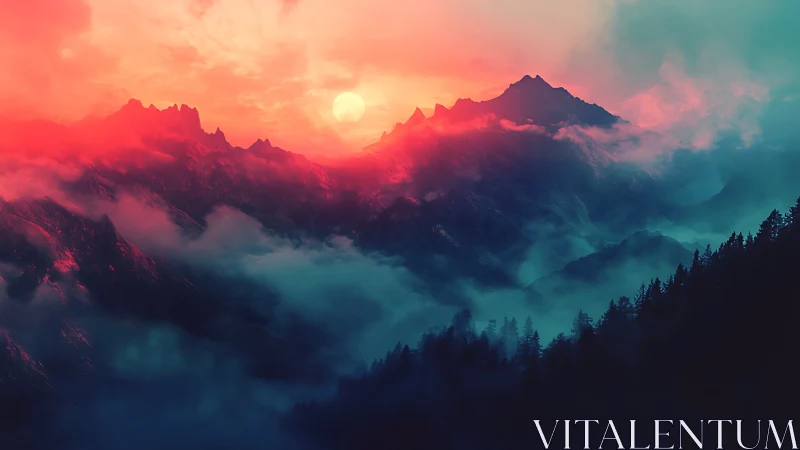 Crimson mist over neon-lit mountain peaks at sundown.