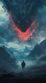 Solitary figure confronts colossal fiery cloud beast overhead
