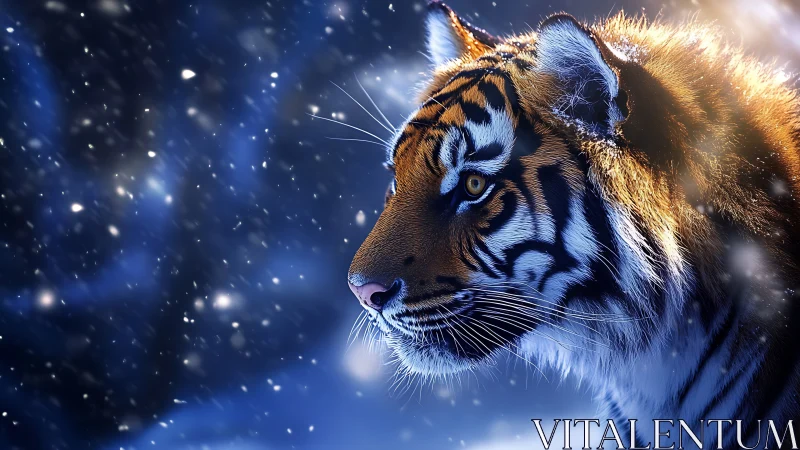 Snowlit tiger sentinel under cobalt winter starlight.