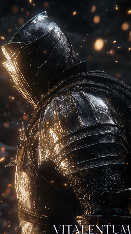 Steel armored figure is rendered amid floating glowing particles