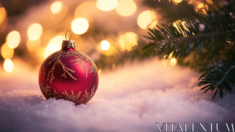 Red ornament on snow with evergreen branch and lights.