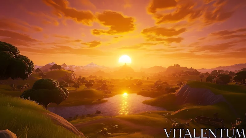 Golden game-world sunset over rolling lakeside hills.