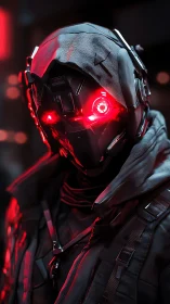 Cybernetic assassin in red neon glow stares forward silently.