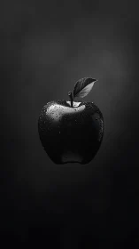 Black apple with water droplets floats against dark background