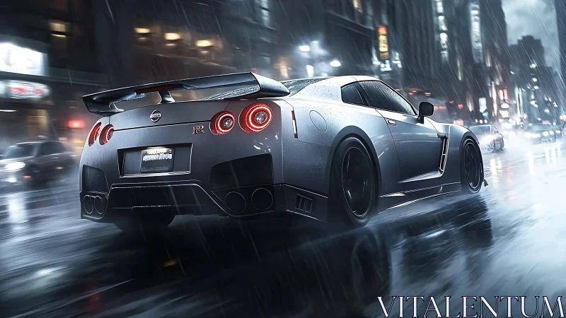 Silver sports coupe drives through rainy neon city street