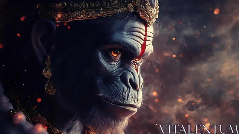 Regal monkey warrior crowned in ember-lit midnight calm.