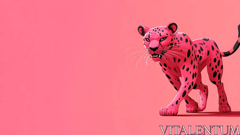 Striding neon pink leopard on minimalist coral field.