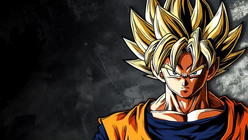 Super Saiyan anime fighter with glowing golden hair stands.