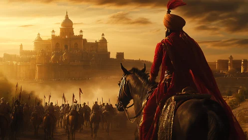 Warrior on horseback surveys golden fortress at dusk