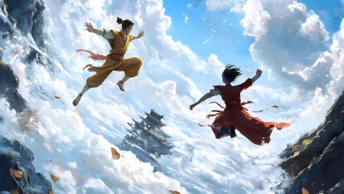 Two young warriors leap boldly toward a sky temple.