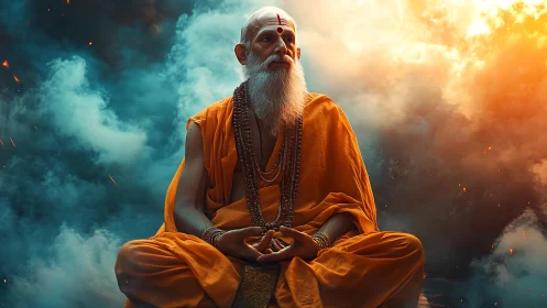 Photorealistic portrait of meditative sage in fiery cloudscape.