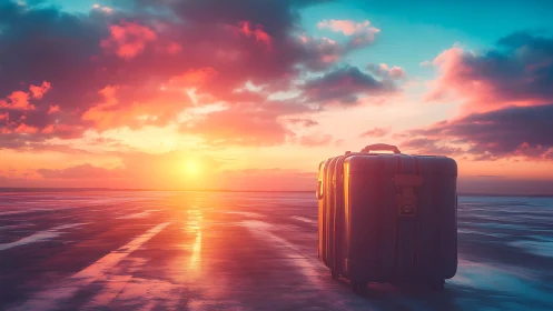 Sunlit suitcase waits softly on a glowing seaside horizon