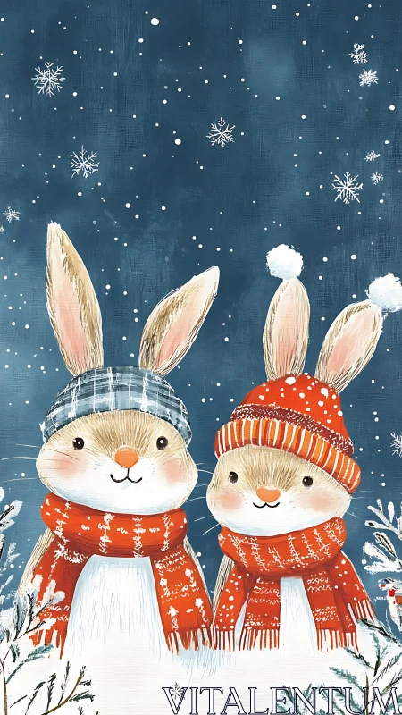 Two rabbits in winter clothing under falling snow at night.