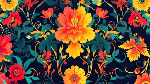 Vibrant floral pattern explodes over deep midnight ground.