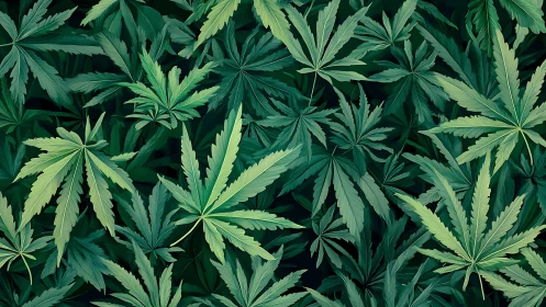 Cannabis foliage pattern rendered in layered digital greens.