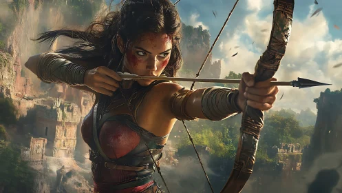 Warrior archer draws taut bow amid misty canyon ruins.