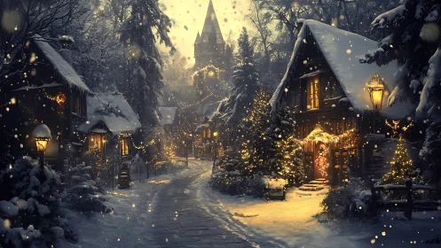 Snowy village lane glows softly with cozy winter lights