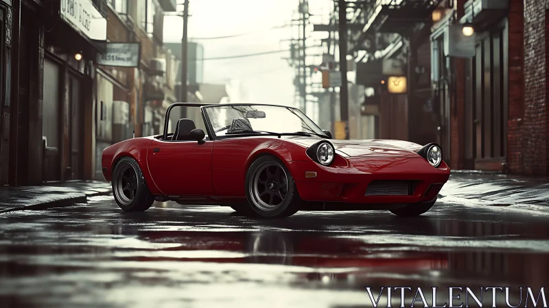 Red convertible sports car parked on wet urban side street