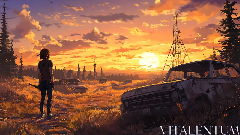 Solitary figure near derelict cars in rural sunset field.