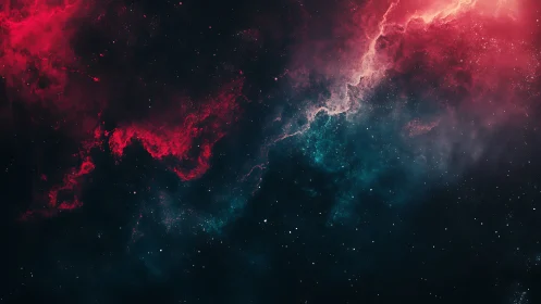 Crimson nebula clouds glow gently across a quiet starfield