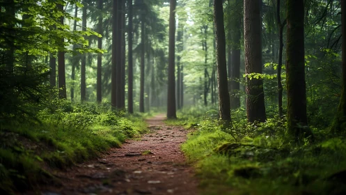 Serene forest path with lush greenery in soft morning light.