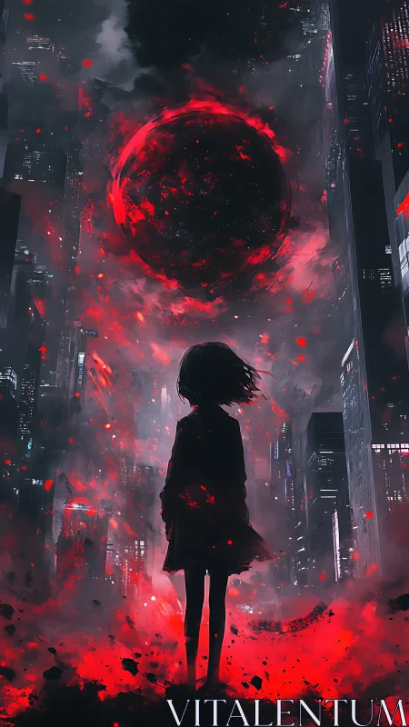 Solitary dreamer beneath a burning crimson eclipse sky.