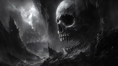 Colossal skull citadel looming over storm-lashed abyssal ruins.