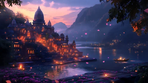 Twilight temple glow beside a quiet, lantern-lit river.