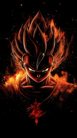 Flaming-haired anime warrior portrait on dark background.