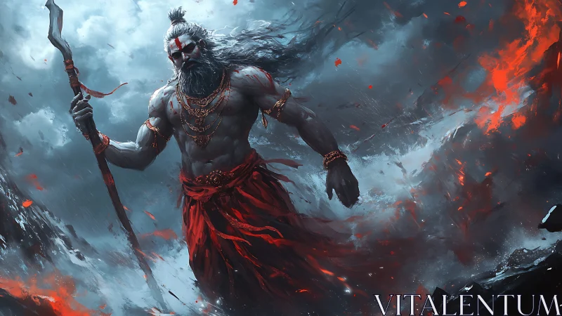 Storm-forged warrior deity strides through fire and ash