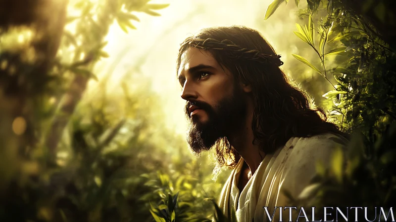 Contemplative robed man in glowing forest light prays softly