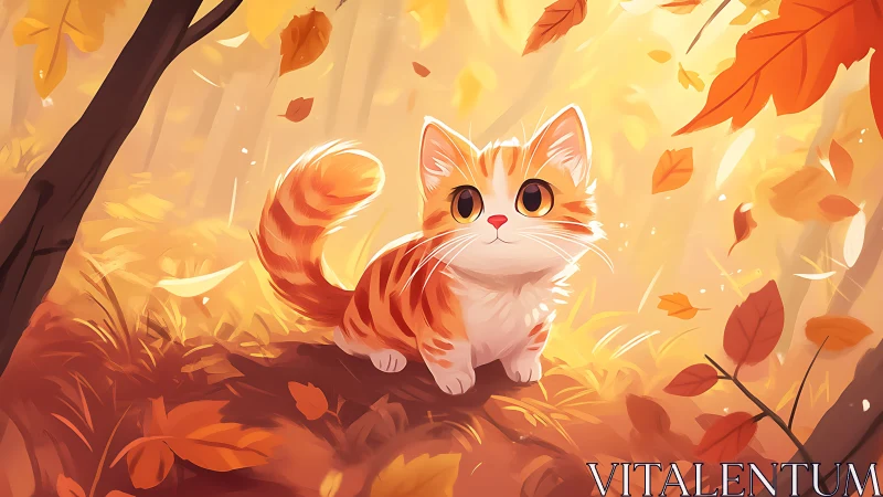 Fluffy Ginger Cat in Autumn Forest with Falling Leaves.