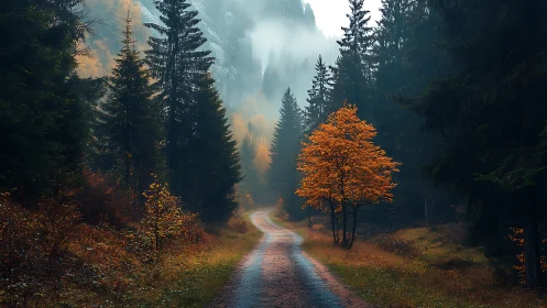 Converging path through autumn forest with golden canopy silhouettes