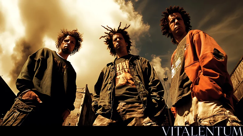Urban trio stand defiantly beneath dramatic storm-lit sky.