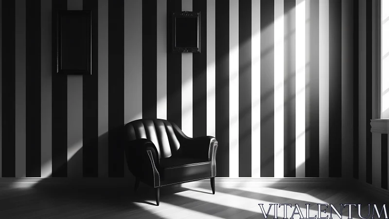 Monochrome striped interior with black leather club chair in light
