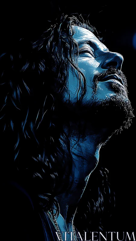 Upward-lit blue portrait of contemplative long-haired man.
