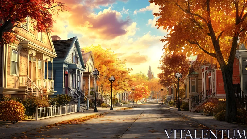 Digital painting of autumn neighborhood street perspective.