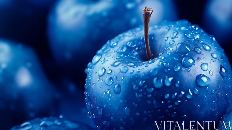 Saturated blue apple macro with glistening water droplets.