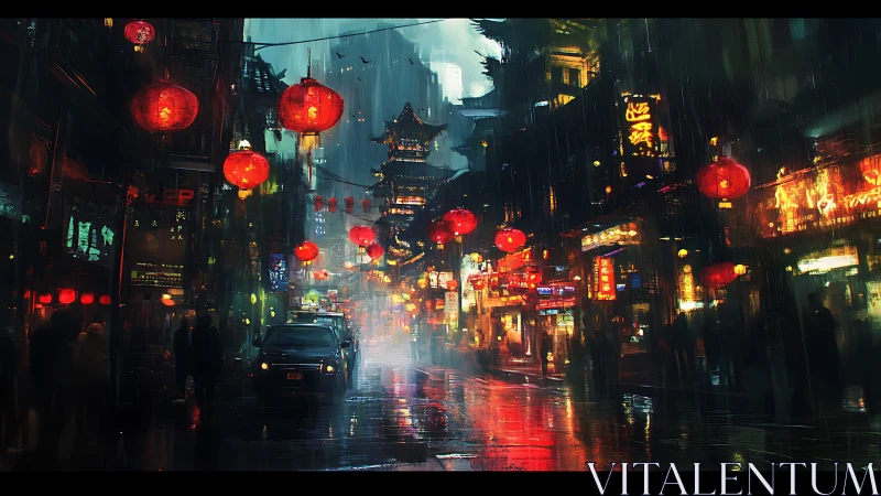 Rainy neon street with red lanterns in dense cityscape.