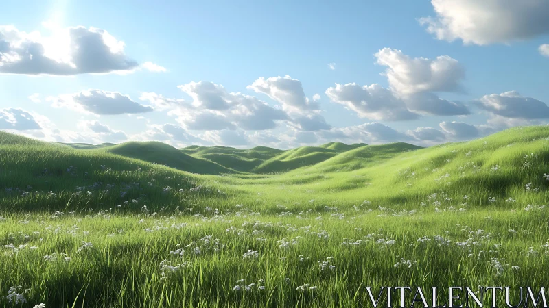 Sunlit rolling grass hills render with volumetric cloud lighting