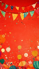 Festive Celebration Scene with Bunting and Balloons on Red.