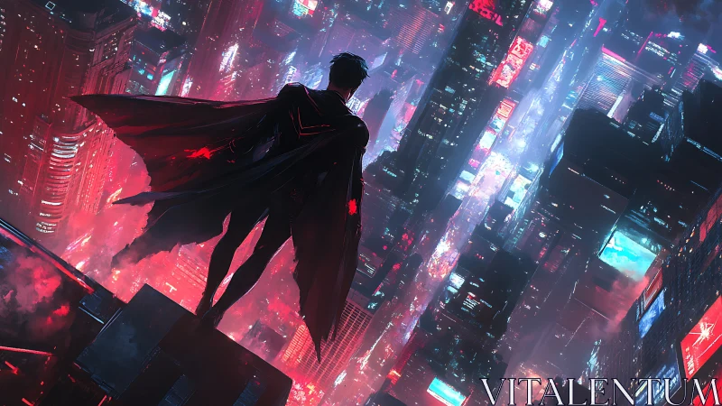 Lone caped guardian surveying a neon soaked cyber city.