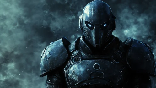 Armored humanoid robot with glowing eyes in dark mist
