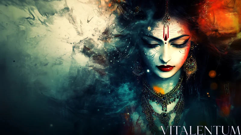 Divine female visage emerges through swirling cosmic fog